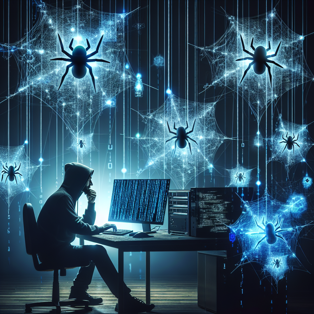 "Illustration of a hacker controlling a botnet network to execute large-scale cyber attacks, highlighting the dark web and cybersecurity threats."